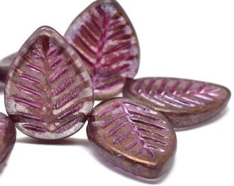 Leaf Beads Czech Glass Dogwood Leaves Thistle with Bronze Finish and Metallic Pink Wash 12x6mm 15 beads