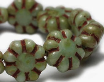 Cactus Flower Sage with Picasso Finish Czech Pressed Glass Flat Flower Beads 9x3mm 25 beads