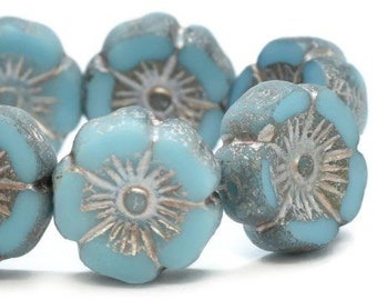 Hawaiian Hibiscus Flower Beads 12mm Medium Sky Blue with a Metallic Beige and Etched Finish Czech Table Cut Glass Beads 12 beads
