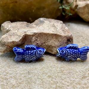 Fish Beads Peruvian Ceramic Large Hole Fishy Beads 22mm x 12mm 10 beads Choose From 5 Colors Dark Blue