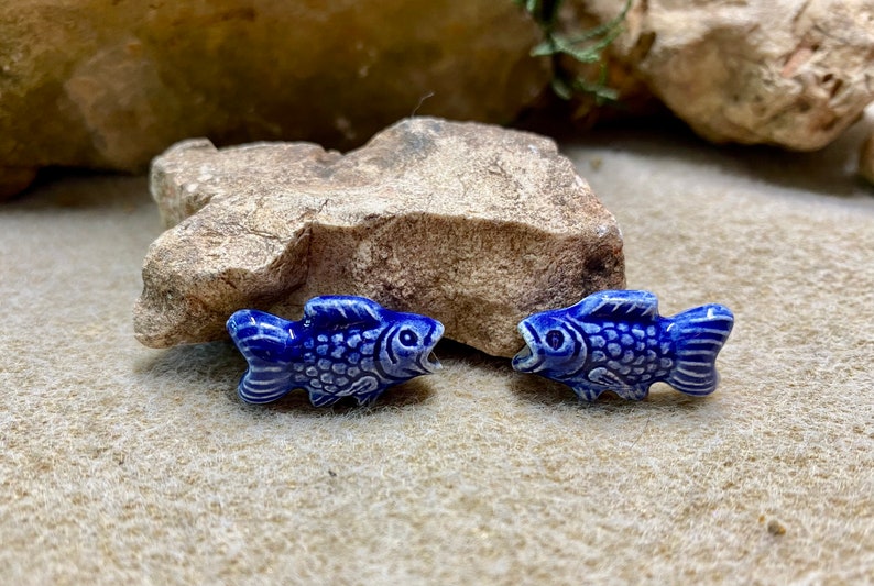 Fish Beads Peruvian Ceramic Large Hole Fishy Beads 22mm x 12mm 10 beads Choose From 5 Colors Dark Blue