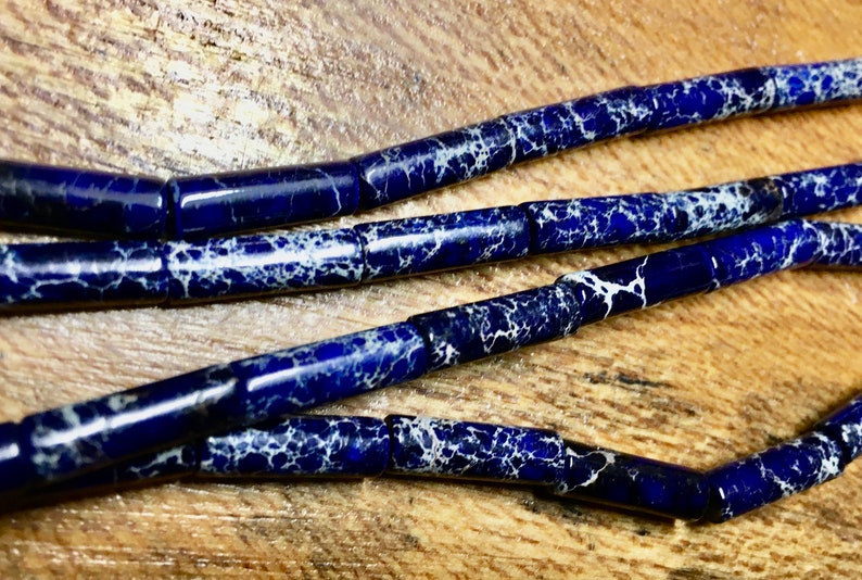 Aqua Terra Jasper Gemstone Beads Dark Lapis Blue 14x3mm Tubes Approx 15 beads
