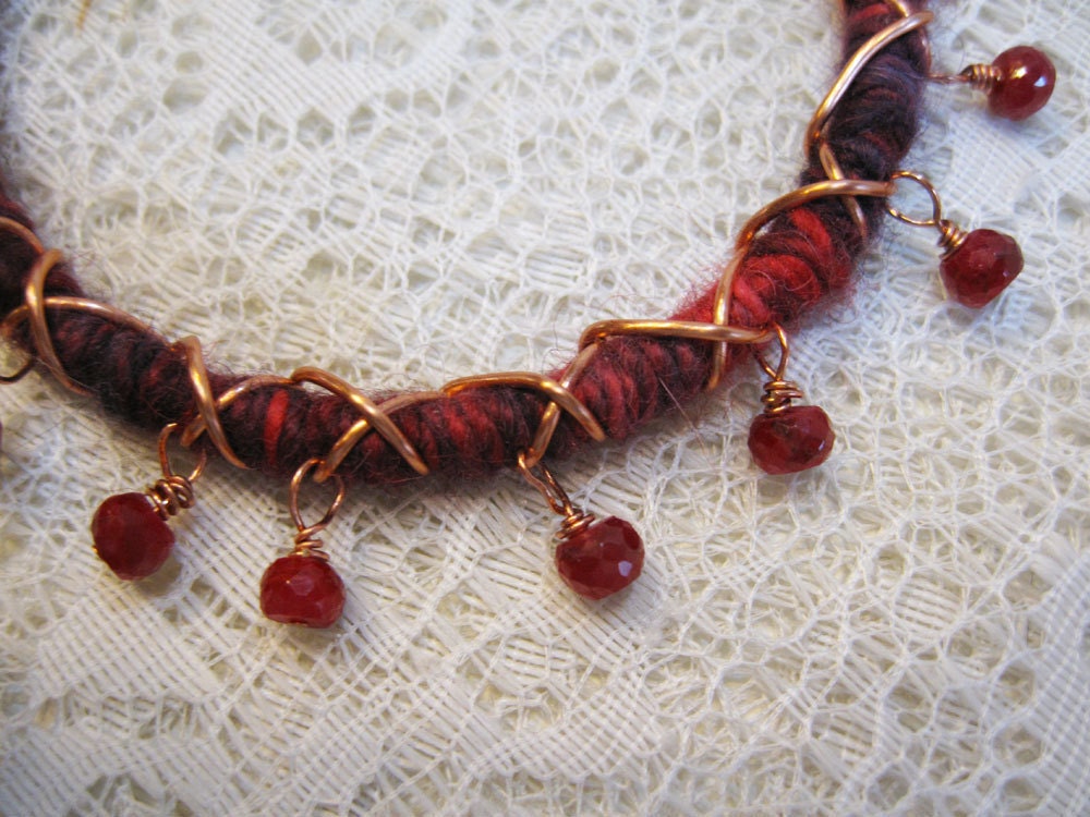 Ruby Ruby Wool Baby Alpaca Silk Yarn Copper Wire Wrapped Bangle Bracelet with Ruby Rondelles