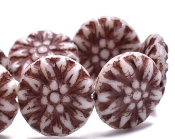 Dahlia Flower Beads White with a Brown Wash Czech Pressed Glass Dahlia Flower Beads 14mm 10 beads