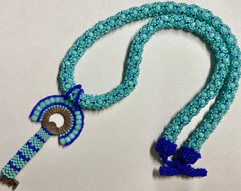 Beadwoven Key Necklace with Turquoise Green and Cobalt Blue Beadwoven Netted Rope Artisan Made Necklace