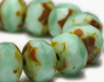 Rondelles Mint with Picasso Finish Czech Pressed Glass Large Rondelle Beads 6mm x 8mm Approx. 25 beads