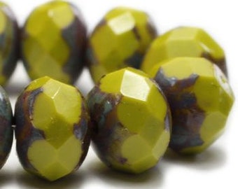 Rondelles Peridot with Picasso Finish Czech Pressed Glass Large Faceted Rondelle Beads 6 x 8mm Approx. 25 beads