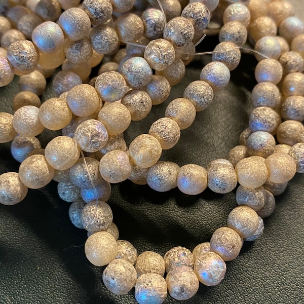 Round Druk Beads 6mm Ivory with an Antique Silver AB and Etched Finish Czech Pressed Glass Rounds Beads Approx. 30 beads