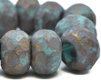 Roller Beads Tiffany Green and Charcoal Grey with Etched and Gold Finishes Czech Glass Beads 8mm x 12mm 15 beads
