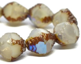 Faceted Bicone Czech Pressed Glass Beads White with Picasso Mercury and AB Finishes 10x8mm 15 beads