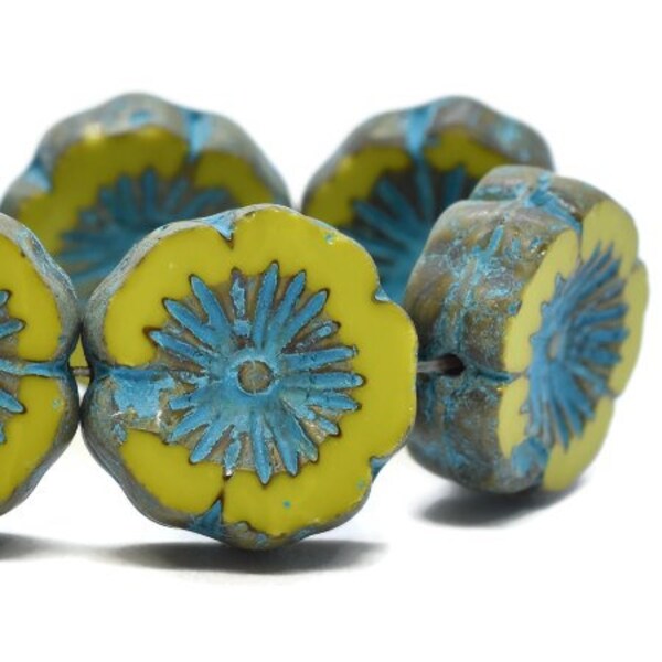 Hawaiian Hibiscus Flower 14mm Peridot with Picasso Finish and Turquoise Wash Czech Pressed Glass Carved Coin Beads 10 beads