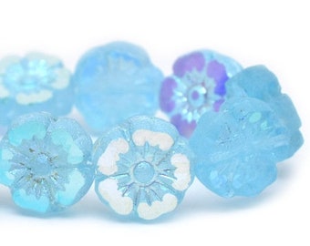 Hawaiian Hibiscus Flower Beads 9mm Baby Blue with Etched and AB Finishes Czech Table Cut Glass Beads 16 beads