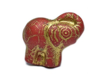 Elephant Red with Gold Detail Czech Pressed Glass Animals Elephants Beads with Gold Inlay 20x23mm 2 beads