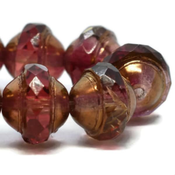 Saturn Beads Crimson and Pale Yellow with Bronze Finish Carved Czech Glass Saturn Bead 8x10mm 15 beads