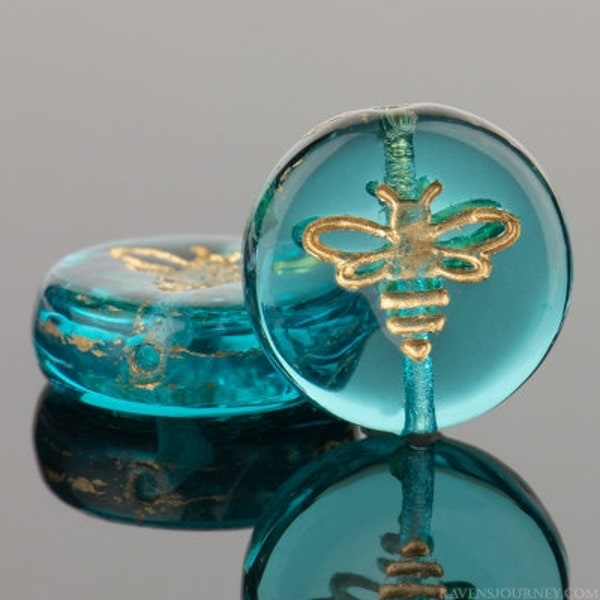 Bee Beads Aqua Transparent with Gold Wash Coin Carved Czech Glass Table Cut Beads 12mm 12 beads