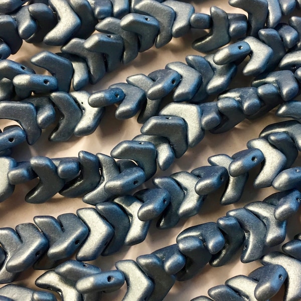 Chevron Beads Jet Suede Blue Czech Pressed Glass V Shaped Chevron Two Hole Beads 10x4mm 30 beads