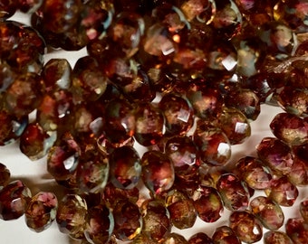 Crimson Pale Yellow with Picasso Czech Pressed Glass Small Faceted Rondelles 3mm x 5mm Approx. 30 beads