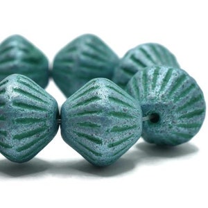 Tribal Bicone Teal with Etched and Silver Metallic Finishes with a Green Wash Czech Pressed Glass Beads 11x10mm 15 beads