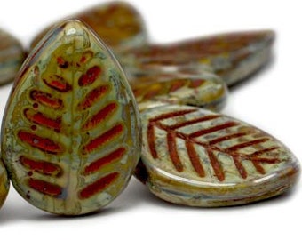 Leaf Beads Czech Glass Dogwood Leaves Artichoke with a Coral Finish 12x6mm 15 beads