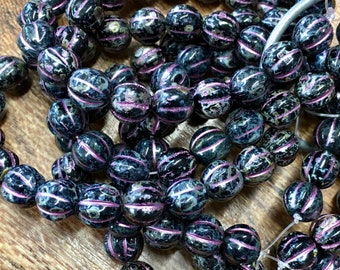 8mm Melon Beads Black with Metallic Pink Czech Pressed Glass Round Corrugated Melon Beads 8mm 20 beads