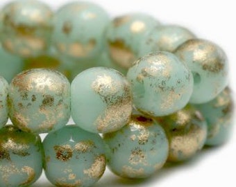 Round Druk Beads 4mm Mint with Gold Finish Czech Pressed Glass Rounds 50 beads