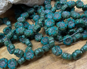 Hawaiian Hibiscus Flower Beads 7mm Green Turquoise Opaque with Picasso Finish Czech Table Cut Glass Beads 12 beads