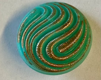 Swirl Button Sea Green with Gold Czech Glass Button with Metal Shank 18mm