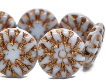 Dahlia Coin Flower 14mm Beads Pale Periwinkle Czech Pressed Glass Dahlia Flower Beads with Gold Wash 10 beads