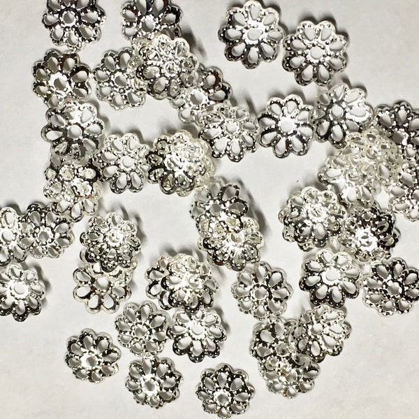 50 Silver Plated Brass Small Floral Cut Out Design Filigree Bead Caps 7mm 50 pcs F128D