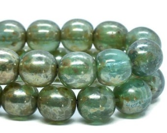 Round Druk Beads 6mm Blue Green with Picasso Finish Czech Pressed Glass Rounds Beads Approx. 25 beads