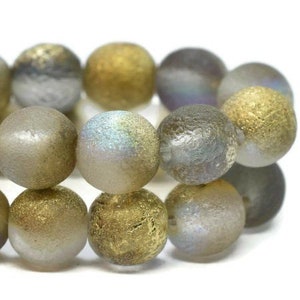 Round Druk Beads 6mm Grey with An Etched Finish and Gold Luster Czech Pressed Glass Rounds Beads 30 beads