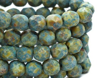 6mm Fire Polished Crystals Blue Green Czech Glass Crystal Beads with an Etched and Picasso Finish and Turquoise Wash 25 beads