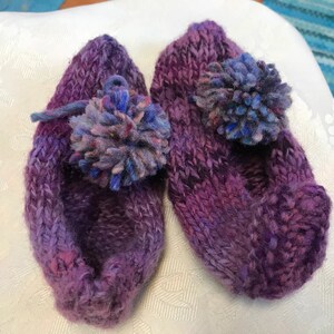 PomPom Purple Small Handknit House Slippers Handspun Wool Handmade Pompoms