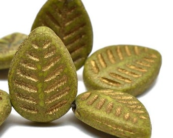 Leaf Beads Czech Glass Dogwood Leaves Peridot with Etched Finish and Gold Wash 12x6mm 15 beads