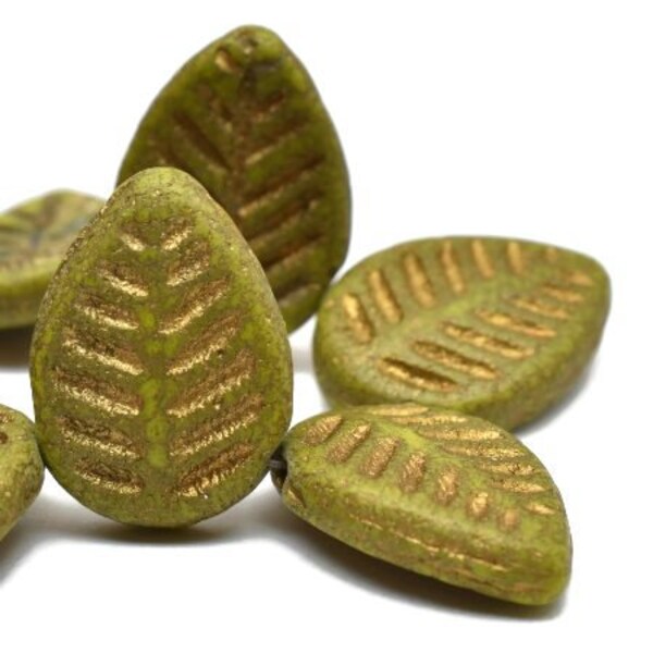 Leaf Beads Czech Glass Dogwood Leaves Peridot with Etched Finish and Gold Wash 12x6mm 15 beads
