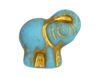 Elephant Turquoise with Gold Wash Czech Pressed Glass Animals Elephants Beads with Gold Inlay 20x23mm 2 beads