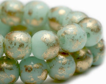 Round Druk Beads 6mm Mint with Gold Finish Czech Pressed Glass Rounds Beads Approx. 25 beads