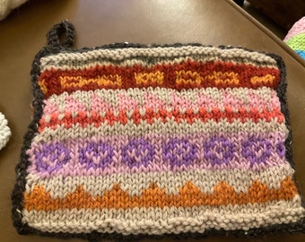 Geo Stripe Handkint Potholder MixedPatterns Gold Orange Purple Pink