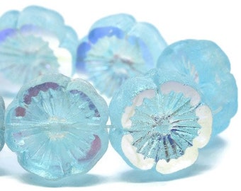 Hawaiian Hibiscus Flower 14mm Baby Blue with Etched and AB Finish Czech Pressed Glass Carved Coin Beads 10 beads