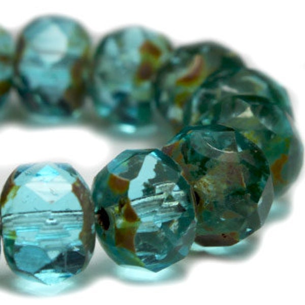 Rondelles Turquoise Transparent with Picasso Finish Czech Pressed Glass Large Faceted Rondelles 6x8mm Approx. 25 beads