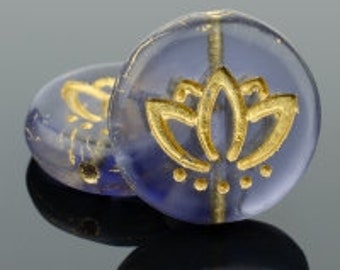 Coin with Lotus Flower 14mm Tanzanite Purple Transparent Matte with Gold Wash 12 beads