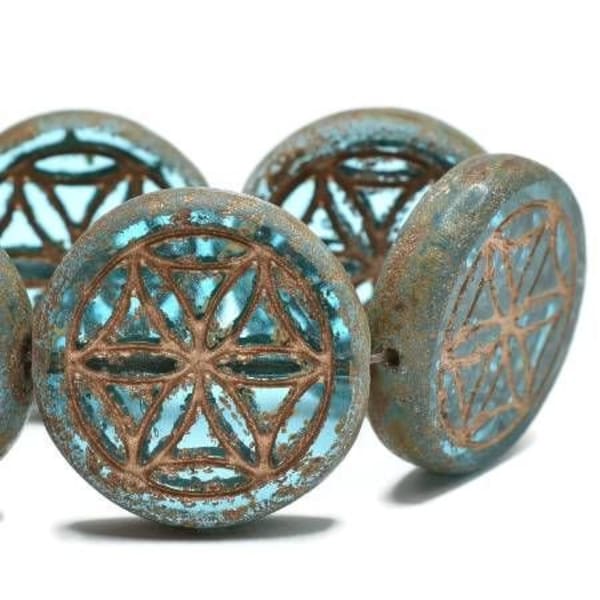 Flower of Life Coin Beads Sky Blue with a Picasso Finish and Bronze Wash Chunky Carved Czech Pressed Glass Table Cut Beads 18mm 2 beads