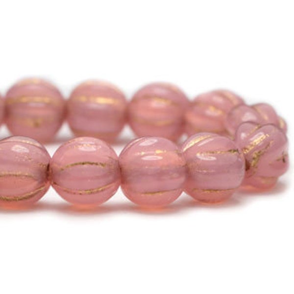 Melon Beads 4mm Dusty Rose Pink Opal with Gold Finish Czech Pressed Glass Round Beads Approx. 50 beads