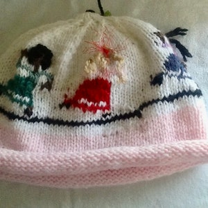 Wacky Dance Handknit Slouchy Hat Cheerful Colors Intarsia Dancing Ladies Embroidered Detail Braided Yarn Hair Artsy Freeform