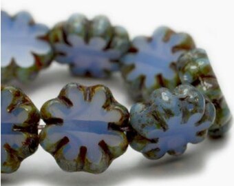 Cactus Flower Cornflower with Picasso Finish Czech Pressed Glass Flat Flower Beads 9x3mm 25 beads