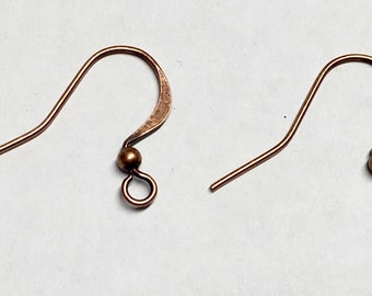 Antique Copper Plated Surgical Steel Hammered Long Earwire French Hook Ear Wires Earrings with Bead 15x25mm 22 ga 12 pairs F199