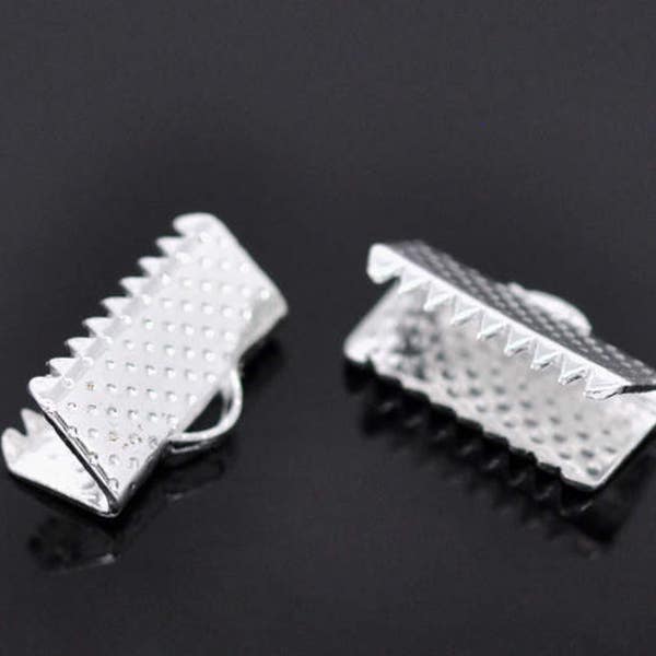 Clearance 40 Textured Finish Silver Plated Ribbon Clamp Clasps Crimp End Clasps with Loop 8mm x 10mm  F139