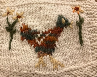 Whimsical Intarsia Chicken Potholder or Hot Pad Hand Dyed Wool