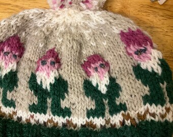 Gnome Cap Handknit with Handmade Matching Pom Pom Fair Isle Design Older Children Teens Adults