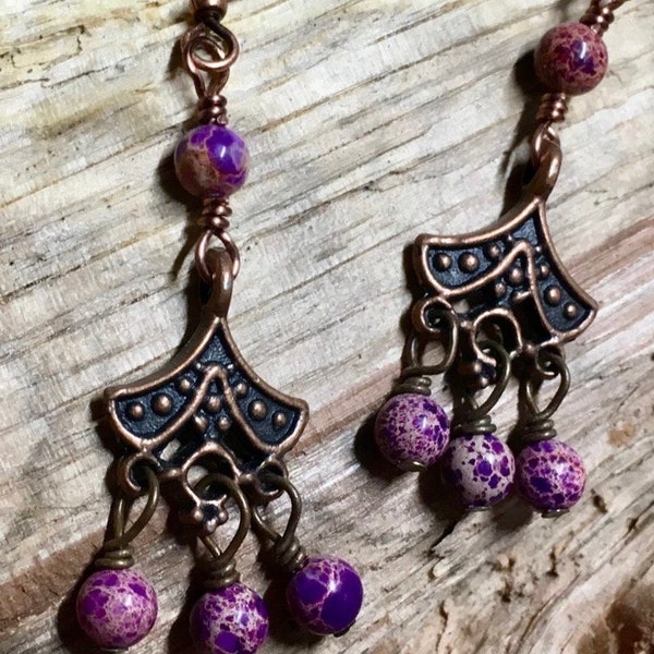 Art Deco Antique Copper Dangles with Purple Aqua Terra Jasper Two Dangles Surgical Steel Earwires